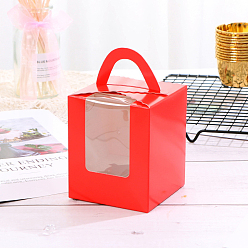 Rouge Boîte à gâteau individuelle pliable en papier kraft, boîte d'emballage de petit gâteau unique de boulangerie, rectangle avec fenêtre transparente et poignée, rouge, 91x92x110mm