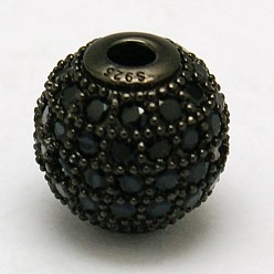 Черный Цвет Металла Круглые 925 серебро бусы, с микро проложить кубического циркония, металлический черный , 10 мм, отверстие : 2 мм