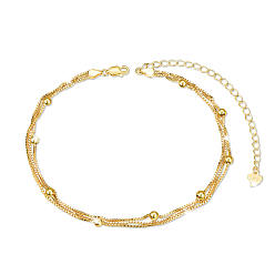 Real 18K Gold Plated SHEGRACE 925 Sterling Silver Multi-Strand Anklets, with Box Chains and Round Beads, Real 18K Gold Plated, 8-1/4 inch(21cm)