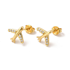 Real 18K Gold Plated Clear Cubic Zirconia Airplane Stud Earrings, Rack Plating Brass Jewelry for Women, Lead Free & Cadmium Free, Real 18K Gold Plated, 10x10.5mm, Pin: 0.7mm