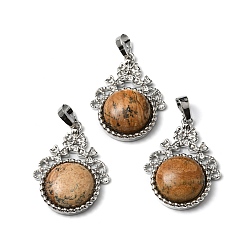 Picture Jasper Natural Picture Jasper Pendants, with Rack Plating Brass Findings, Cadmium Free & Lead Free, Flat Round & Flower, 34~34.5x25.5~26x8.5~9mm, Hole: 8x5.5mm