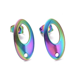 Rainbow Color 304 Stainless Steel Stud Earring Findings, with Loop, Curved, Oval, Rainbow Color, 18x9.50x1.30mm,Hole:1.50mm