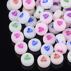 Mixed Color Luminous Acrylic Beads, Flat Round with Heart, Mixed Color, 7x3.5~4mm, Hole: 1.2mm, about 3590pcs/500g