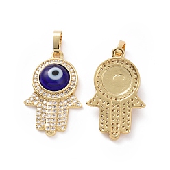 Blue Brass Micro Pave Cubic Zirconia Pendants, with Handmade Evil Eye Lampwork, Hamsa Hand Charm, Real 18K Gold Plated, Blue, 25x16x5mm, Hole: 4x6.5mm