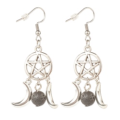 Lava Rock Woven Net with Natural Lava Rock Dangle Earrings, Alloy Moon and Star Earrings for Women, 58mm, Pin: 0.7mm