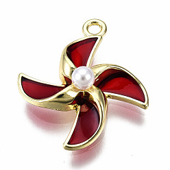 Dark Red Rack Plating Alloy Epoxy Resin Pendants, with White Acrylic, Cadmium Free & Lead Free, Light Gold, Windmill Charm, Dark Red, 19.5x17x5.5mm, Hole: 1.4mm
