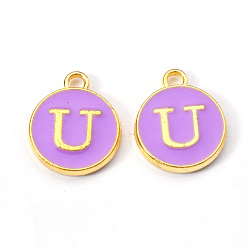 Letter U Golden Plated Alloy Enamel Charms, Enamelled Sequins, Flat Round with Letter, Medium Purple, Letter.U, 14x12x2mm, Hole: 1.5mm
