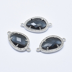 Black Brass Micro Pave Cubic Zirconia Links, with Glass, Faceted, Teardrop, Platinum, Black, 28x16x4.5mm, Hole: 1.6mm