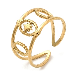 Chapado en Oro Real 18K 304 anillos de puño abiertos huecos de acero inoxidable para mujer, oval con estrella, real 18 k chapado en oro, tamaño de EE. UU. 7 (17.3 mm)