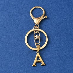 Letter A 304 Stainless Steel Initial Letter Charm Keychains, with Alloy Clasp, Golden, Letter A, 8.5cm