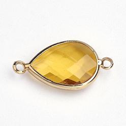 Gold Brass Glass Links connectors, Faceted, teardrop, Light Gold, Gold, 14x25.5x5mm, Hole: 2mm