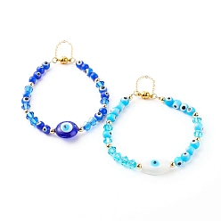 Mixed Color Handmade Lampwork Evil Eye Beaded Bracelets, with Faceted Glass Beads and Brass Magnetic Clasp, Mixed Color, Inner Diameter: 2-1/2 inch(6.2-~7cm), 2Pcs/set