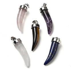 Mixed Stone Natural & Synthetic Mixed Gemstone Pendants, Horn Charms, with Rack Plating Platinum Plated Brass Snap on Bails, Mixed Dyed and Undyed, 34~36x10mm, Hole: 8x5mm