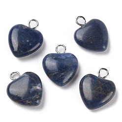 Sodalite Natural Sodalite Pendants, Heart Charms with Platinum Plated Brass Loops, 14.8~15x12x4.1~4.6mm, Hole: 2mm