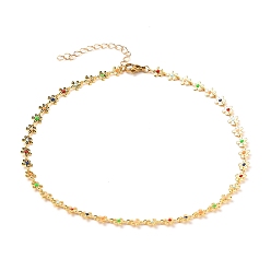 Real 18K Gold Plated Brass Enamel Flower Link Chain Necklaces, with 304 Stainless Steel Lobster Claw Clasps, Colorful, Real 18K Gold Plated, 13.58 inch(34.5cm)