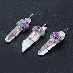 Mixed Stone Natural Quartz Crystal and Mix Gemstone Big Pointed Pendants, with Brass Findings, Bullet, Rose Gold, 70~85x22~30x18~23mm, Hole: 4~6x7~9mm