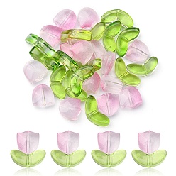 Color mezclado 30 piezas 2 perlas de vidrio transparente estilo, tulipán y hoja, color mezclado, 8.5~14x6.5~9x4~5 mm, agujero: 1 mm, 15 piezas / estilo
