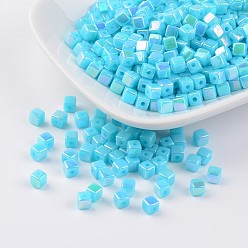 Turquoise Perles acryliques de poly styrène respectueuses de l'environnement, couleur ab , cube, turquoise, 4x4mm, trou: 1 mm, environ 8000 pcs / 500 g