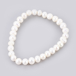 White Grade A Pearl Stretch Bracelets, Polished, Potato, White, 2-1/8 inch(5.5cm)