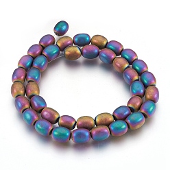 Multi-color Plated Electroplate Non-magnetic Synthetic Hematite Bead Strands, Frosted, Barrel, Multi-color Plated, 10~10.5x7~8mm, Hole: 1mm, about 39~40pcs/strand, 15.7 inch(40cm)
