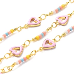 Pearl Pink Handmade Brass Enamel Heart Link Chains, Glass Beaded Chains, Real 18K Gold Plated, Soldered, with Spool, Cadmium Free & Lead Free, Pearl Pink, Bead Link: 17~18x3x2mm, Heart: 10.5x7x2mm