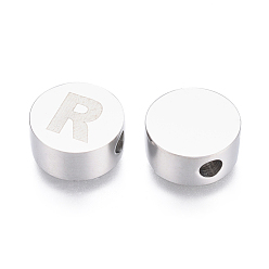 Letter R 304 Stainless Steel Beads, Flat Round with Letter, Letter.R, 10x4.5mm, Hole: 2mm