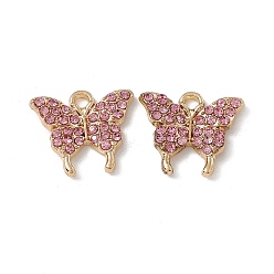 Rosa Claro Colgantes de aleación de rhinestone, encanto de mariposa, dorado, rosa luz, 15x17x2 mm, agujero: 2 mm