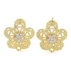 Real 18K Gold Plated Flower Brass Micro Pave Cubic Zirconia Stud Earrings Finding, with Horizontal Loops, Cadmium Free & Lead Free, Real 18K Gold Plated, 16x15mm, Hole: 1.5mm, Pin: 0.8mm