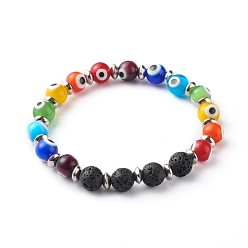 Colorful Handmade Evil Eye Lampwork Beaded Stretch Bracelets, with Natural Lava Rock Beads and 304 Stainless Steel Beads, Colorful, Inner Diameter: 2-1/4 inch(5.8cm)