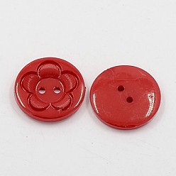 Dark Red Acrylic Sewing Buttons for Clothes Design, Plastic Buttons, 2-Hole, Dyed, Flat Round with Flower Pattern, Dark Red, 15x3mm, Hole: 1mm