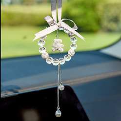 White Bowknot & Ring & Ball Tassel Glass Rhinestone Pendant Decorations, for Interior Car Mirror Hanging Decorations, White, 154mm