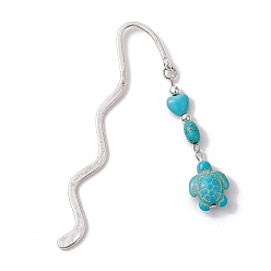 Turtle Signets ondulés en alliage de zinc, Marque-page pendentif en perles synthétiques turquoise, tortue, 85.5mm, pendentif: 50.5x14x6.5 mm