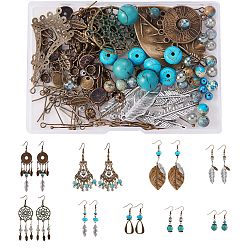 Antique Bronze & Antique Silver DIY Retro Charm Drop Earring Making Kit, Including Alloy Pendant & Link & Beads & Bead Cap, Synthetic & Natural Mixed Stone Beads, Glass Beads, Iron Pin & Earring Hook, Brass Pin, Antique Bronze & Antique Silver, Link & Pendant: 34Pcs/set