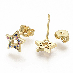 Real 18K Gold Plated Brass Micro Pave Colorful Cubic Zirconia Stud Earrings, with Earring Backs, Star, Real 16K Gold Plated, 8x8mm, Pin: 0.7mm