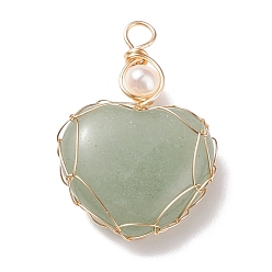 Green Aventurine Natural Green Aventurine & Freshwater Pearl Pendants, with Real 18K Gold Plated Copper Wire Wrapped, Heart, 33~36.5x24.5x8.5~11.5mm, Hole: 4mm