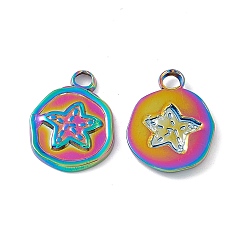 Rainbow Color Ion Plating(IP) 304 Stainless Steel Pendants, Flat Round with Star, Rainbow Color, 16x13x2mm, Hole: 2.5mm
