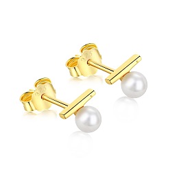 Chapado en Oro Real 18K 925 aretes de perlas de plata esterlina para mujer, con sello s925, redondo y barra, real 18 k chapado en oro, 6.2x5.2 mm