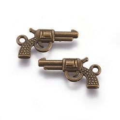 Bronze Antique En alliage de zinc pistolet collier pendentif, charme de pistolet de revolver, sans plomb et sans cadmium, bronze antique, 22x12x3mm, Trou: 2mm