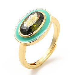 Turquoise Rack Plating Brass Micro Pave Olive Drab Cubic Zirconia Oval Adjustable Rings, with Enamel, Cadmium Free & Lead Free, Long-Lasting Plated, Real 18K Gold Plated, Turquoise, US Size 7 3/4, 1.5~2.5mm, Inner Diameter: 17.9mm