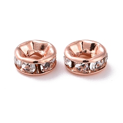 Rose Gold Brass with Crystal Rhinestone Spacer Beads, Cadmium Free & Lead Free, Flat Round, Rose Gold, 6x2.5mm, Hole: 1.6mm
