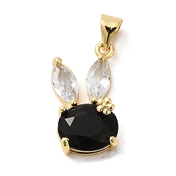 Black Rack Plating Brass Micro Pave Cubic Zirconia Pendants, Cadmium Free & Lead Free, Long-Lasting Plated, Real 18K Gold Plated, Rabbit, Black, 20x11x7mm, Hole: 5x3.5mm