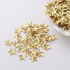 Oro Accesorios de adorno paillette de plástico / cuentas de lentejuelas, estrella, oro, 10x10x0.8 mm, agujero: 1 mm