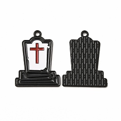 White Halloween Theme Rack Plating Spray Painted Alloy Enamel Pendants, Tomb with Cross Charms, Cadmium Free & Nickel Free & Lead Free, Electrophoresis Black, White, 25x19x3mm, Hole: 1.6mm