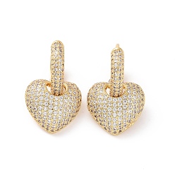Real 18K Gold Plated Cubic Zirconia Heart Dangle Hoop Earrings, Brass Jewelry for Women, Cadmium Free & Nickel Free & Lead Free, Real 18K Gold Plated, 24mm, Pin: 0.8mm