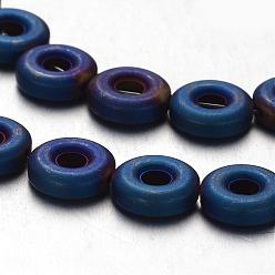 Blue Plated Electroplate Non-magnetic Synthetic Hematite Beads Strands, Frosted, Donut, Blue Plated, 8x3mm, Hole: 1mm, about 47pcs/strand, 15.7 inch