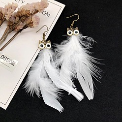 Blanc Hibou en alliage avec boucles d'oreilles pendantes en plumes, boucles d'oreilles longues pour femmes, blanc, 50x50mm