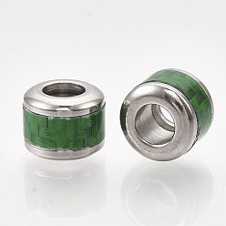 Green 304 Stainless Steel Beads, with Fiber, Large Hole Beads, Column with Basket Weave Pattern, Stainless Steel Color, Green, 10x8mm, Hole: 6mm