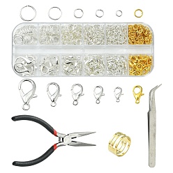 Golden & Silver 70Pcs 6 Style Zinc Alloy Lobster Claw Clasps, with 468Pcs Iron Open Jump Rings, Pliers, 1Pc Brass Rings, Tweezers, Golden & Silver, 10~21x6~12mm, Hole: 1~2mm