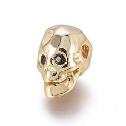Golden Brass Micro Pave Cubic Zirconia Beads, for Halloween, Skull, Golden, 12x8x9mm, Hole: 1.8mm