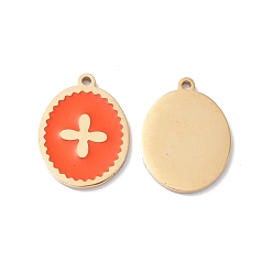 Orange Red Ion Plating(IP) 304 Stainless Steel Pendants, with Enamel, Real 24K Gold Plated, Oval with Cross, Orange Red, 13.5x10x1mm, Hole: 1mm